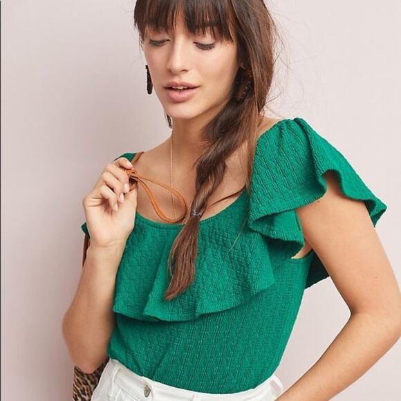 Anthropologie Green Off-the-Shoulder Ruffle Top - Picture 1 of 8